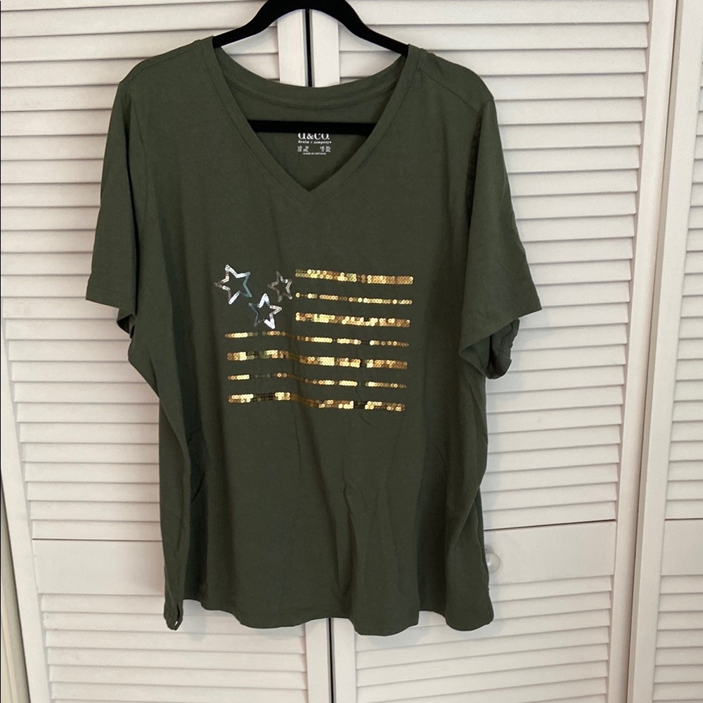 Denim & Co. Americana Favorite Jersey Sequin Flag V-Neck Top 2X Dark Olive